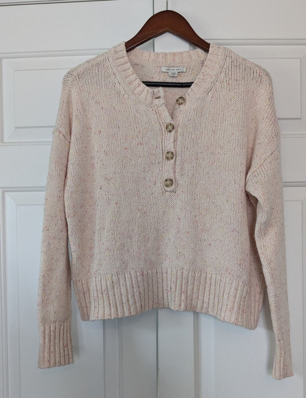 American Eagle Pink Knit Cropped Henley Sweater